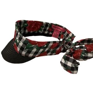 Betsey Johnson Floral Red Rose Black Gingham Check‎ Visor Hat Tie Back Bow OSFA